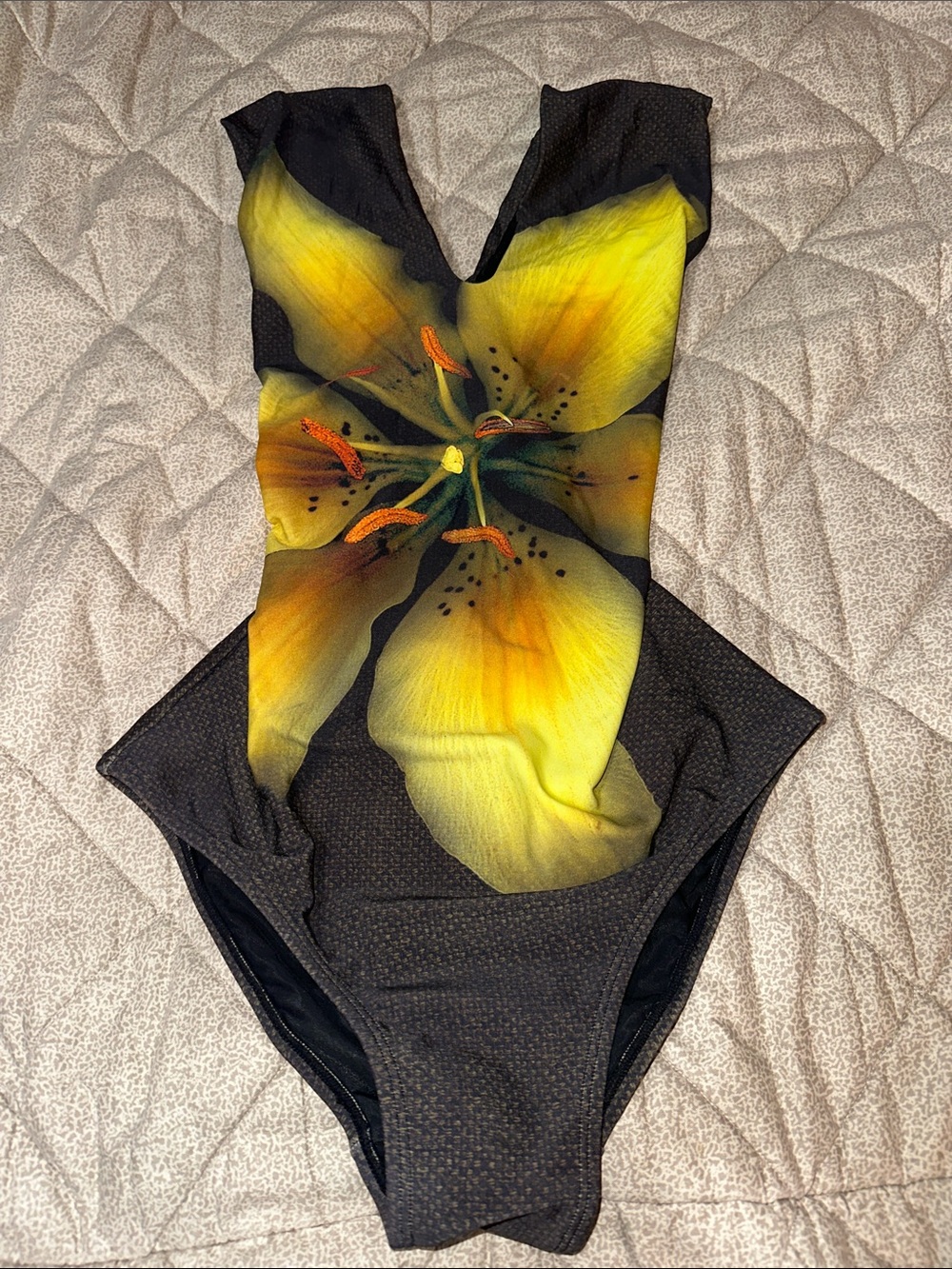 Yellow and Brown Floral V-Neck One-Piece Swimsuit